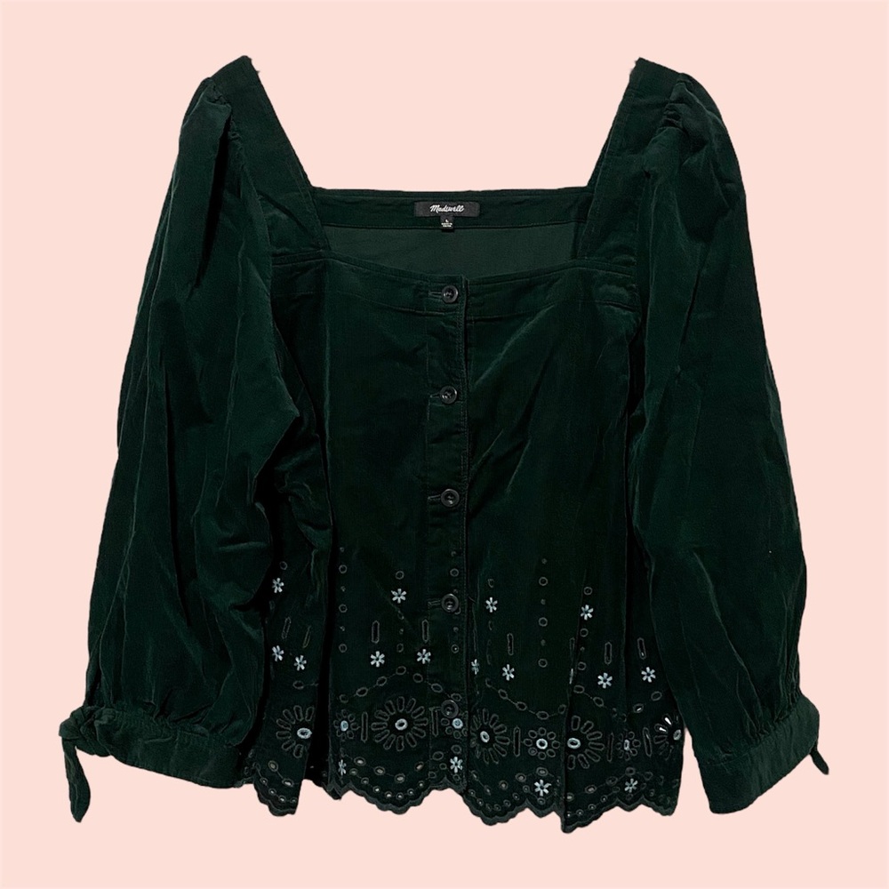 Madewell Embroidered Eyelet Corduroy Tie-Sleeve Top in Green